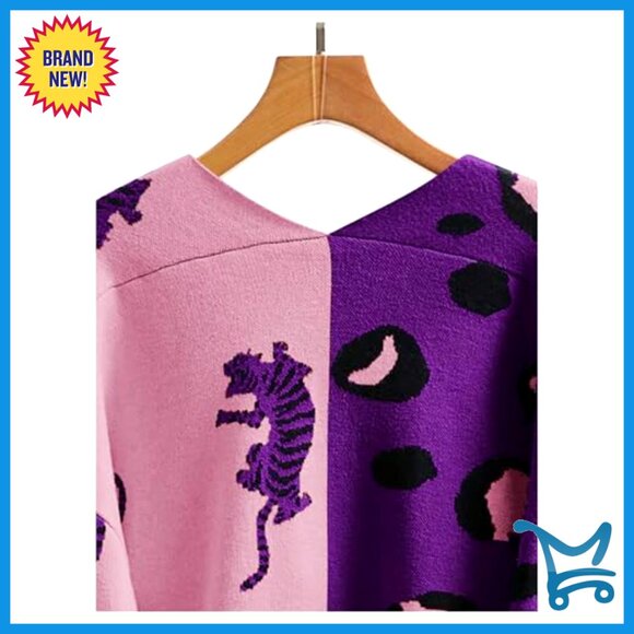 Leopard Print V-Neck Cardigan Long Sleeve Button Down Sweater Loose Fit - Picture 6 of 7